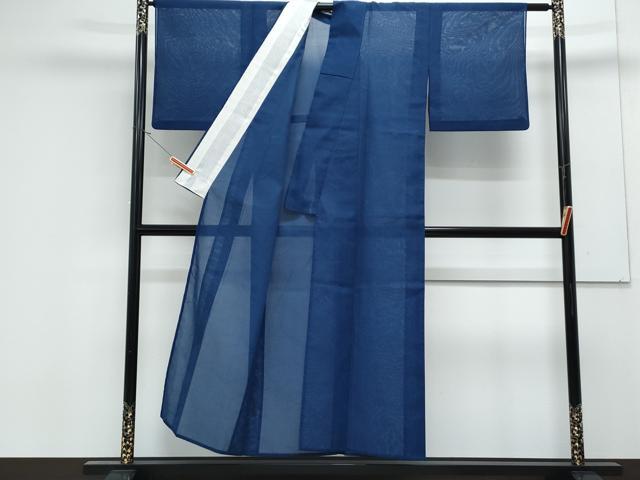 平和屋着物＊夏物　色無地　芝草紋紗　紺藍色　洗える着物　CABK0481th