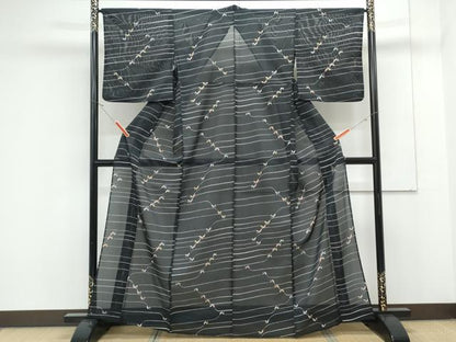 平和屋着物＊夏物　小紋　絽　舞蝶文　黒地　洗える着物　CABK0488th