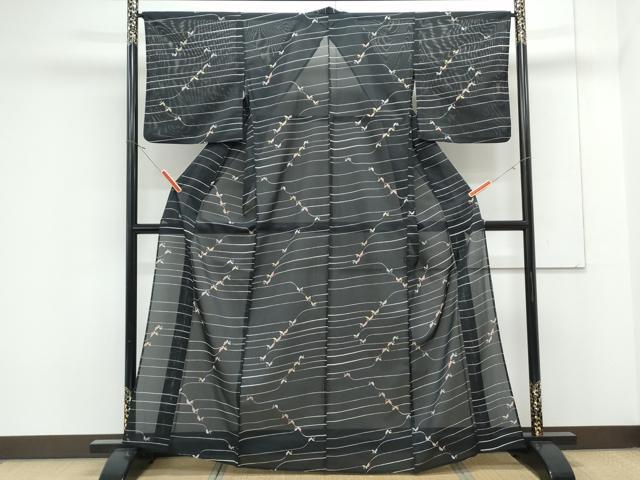 平和屋着物＊夏物　小紋　絽　舞蝶文　黒地　洗える着物　CABK0488th