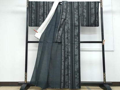 平和屋着物＊夏物　小紋　紗　草花間道　黒地　洗える着物　CABK0504th