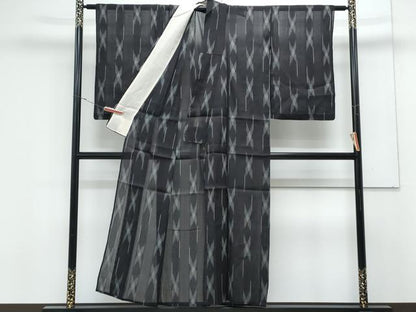 平和屋着物＊夏物　お召　紗　吉祥間道　黒地　正絹　逸品　CABK0509th