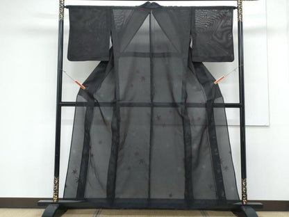平和屋着物＊夏物　小紋　縦絽　楓文　黒地　正絹　逸品　CABK0511th