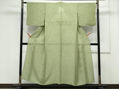 平和屋着物＊夏物　色無地　流水紋紗　松葉色　正絹　逸品　CABK0516th