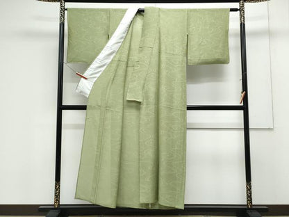 平和屋着物＊夏物　色無地　流水紋紗　松葉色　正絹　逸品　CABK0516th