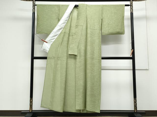 平和屋着物＊夏物　色無地　流水紋紗　松葉色　正絹　逸品　CABK0516th