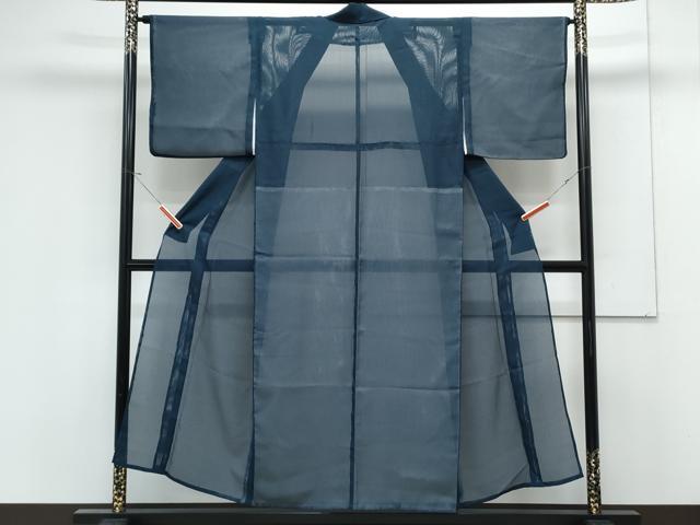 平和屋着物＊夏物　色無地　縦絽　藍色　洗える着物　CABK0524th