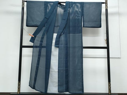 平和屋着物＊夏物　色無地　縦絽　藍色　洗える着物　CABK0524th