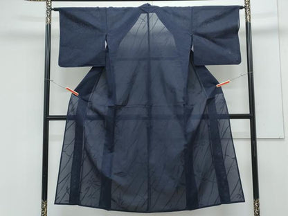 平和屋着物＊夏物　色無地　草花紋紗　留紺色　銀通し地　正絹　逸品　CABK0525th
