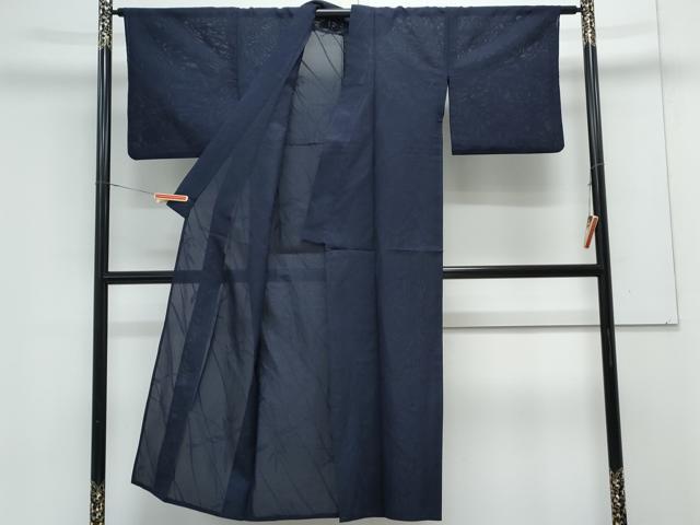 平和屋着物＊夏物　色無地　草花紋紗　留紺色　銀通し地　正絹　逸品　CABK0525th