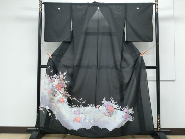 平和屋着物＊夏物　黒留袖　絽　花車文　洗える着物　CABK0539th