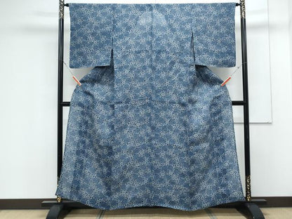 平和屋着物＊夏物　小紋・浴衣兼用　藍　型染め　草花文　逸品　CABK0574th