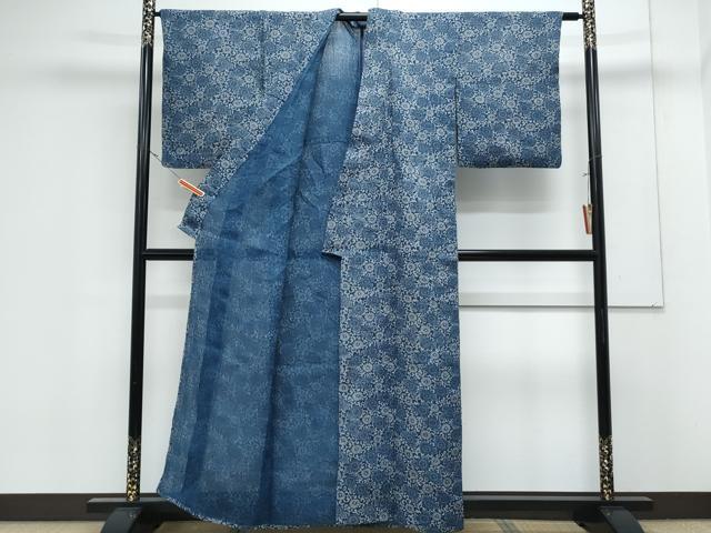 平和屋着物＊夏物　小紋・浴衣兼用　藍　型染め　草花文　逸品　CABK0574th