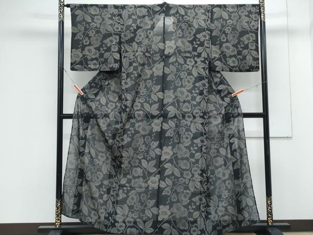 平和屋着物＊夏物　小紋　紗　枝花文　黒地　洗える着物　CABK0622th