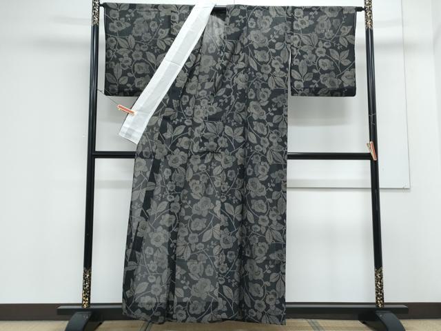 平和屋着物＊夏物　小紋　紗　枝花文　黒地　洗える着物　CABK0622th
