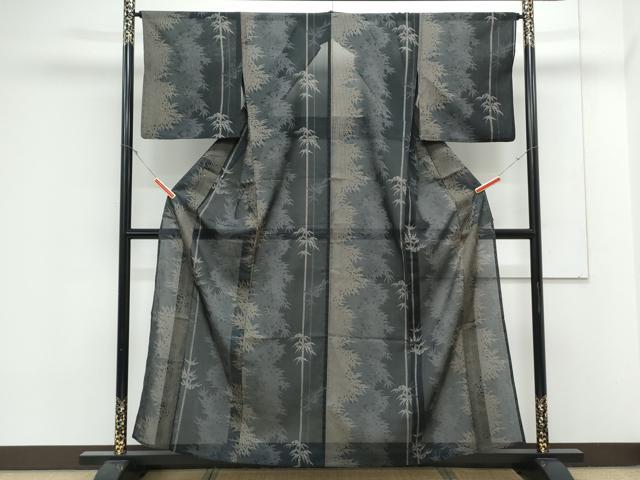 平和屋着物＊夏物　小紋　紗　笹竹文　黒地　洗える着物　CABK0626th