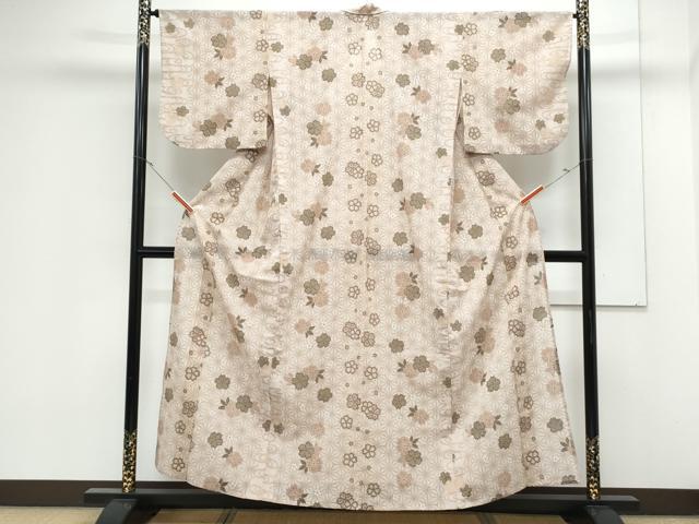 平和屋着物＊夏物　小紋　紗　麻の葉舞花文　洗える着物　CABK0627th