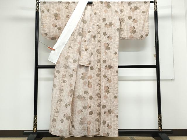 平和屋着物＊夏物　小紋　紗　麻の葉舞花文　洗える着物　CABK0627th