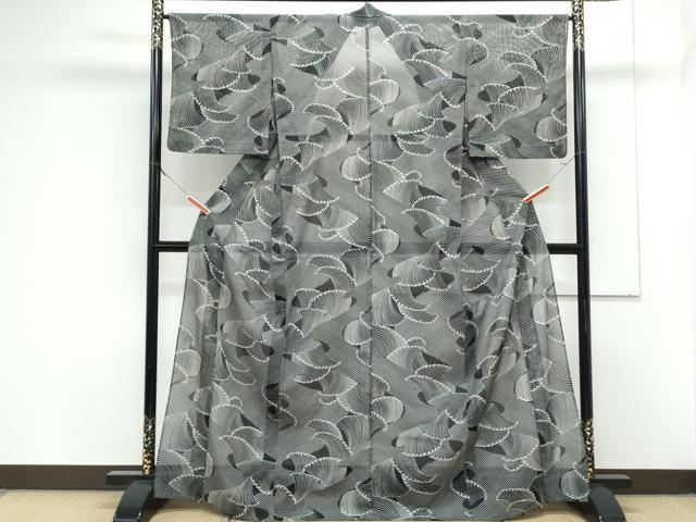 平和屋着物＊夏物　小紋　絽　立波文　黒地　洗える着物　CABK0629th