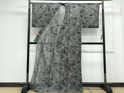 平和屋着物＊夏物　小紋　絽　立波文　黒地　洗える着物　CABK0629th