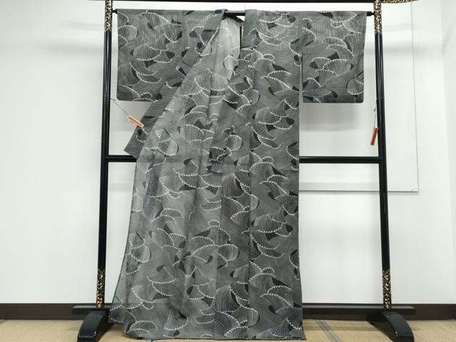 平和屋着物＊夏物　小紋　絽　立波文　黒地　洗える着物　CABK0629th