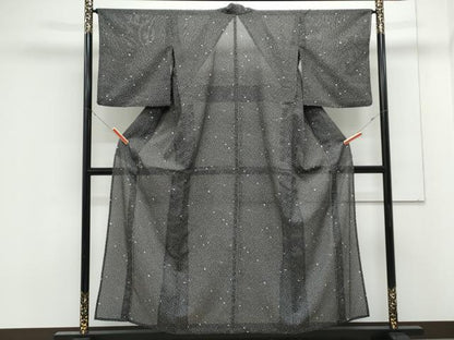 平和屋着物＊夏物　小紋　絽　舞花びら　黒地　洗える着物　CABK0642th