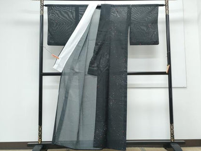 平和屋着物＊夏物　小紋　絽　霞文　黒地　洗える着物　CABK0650th