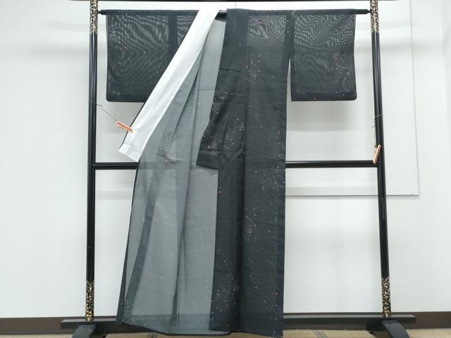 平和屋着物＊夏物　小紋　絽　霞文　黒地　洗える着物　CABK0650th