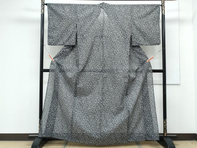 平和屋着物＊夏物　小紋　絽　花唐草文　黒地　洗える着物　CABK0662th
