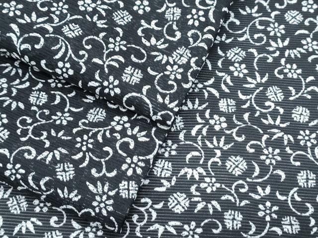 平和屋着物＊夏物　小紋　絽　花唐草文　黒地　洗える着物　CABK0662th