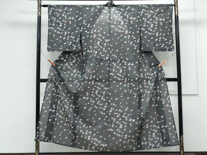 平和屋着物＊夏物　小紋　絽　舞蝶間道　黒地　洗える着物　CABK0671th