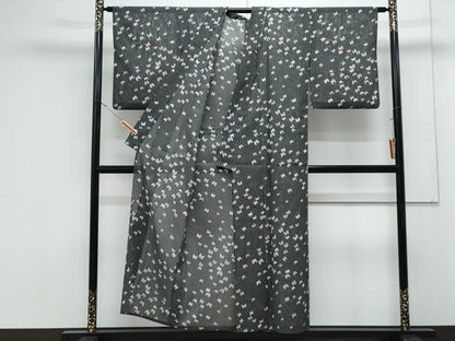 平和屋着物＊夏物　小紋　絽　舞蝶間道　黒地　洗える着物　CABK0671th
