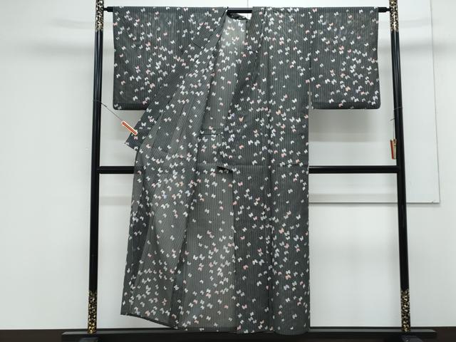 平和屋着物＊夏物　小紋　絽　舞蝶間道　黒地　洗える着物　CABK0671th
