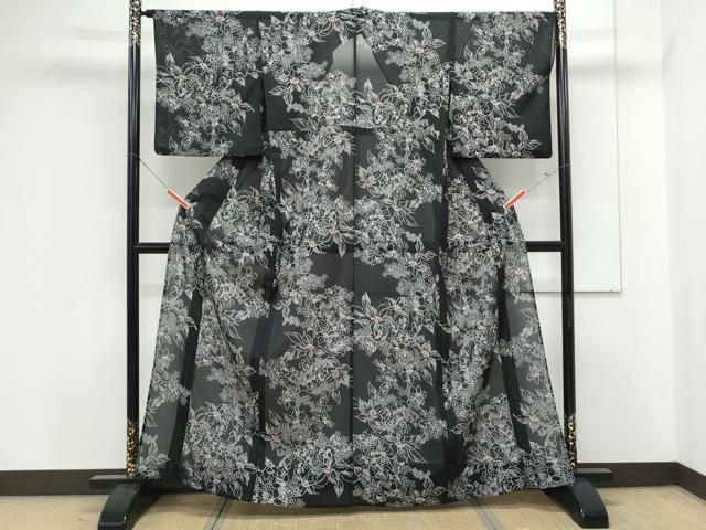 平和屋着物＊夏物　小紋　絽　草花文　黒地　洗える着物　CABK0681th