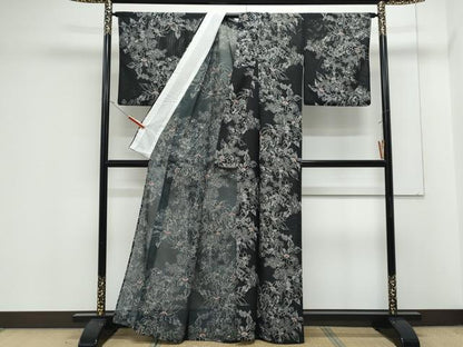 平和屋着物＊夏物　小紋　絽　草花文　黒地　洗える着物　CABK0681th