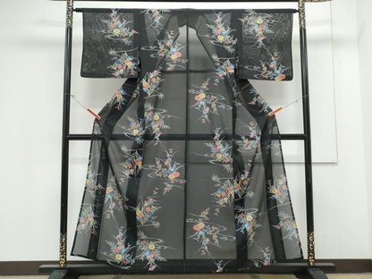 平和屋着物＊夏物　小紋　絽　草花文　黒地　洗える着物　CABK0706th