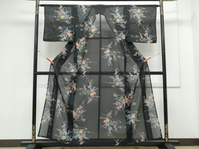 平和屋着物＊夏物　小紋　絽　草花文　黒地　洗える着物　CABK0706th