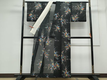 平和屋着物＊夏物　小紋　絽　草花文　黒地　洗える着物　CABK0706th