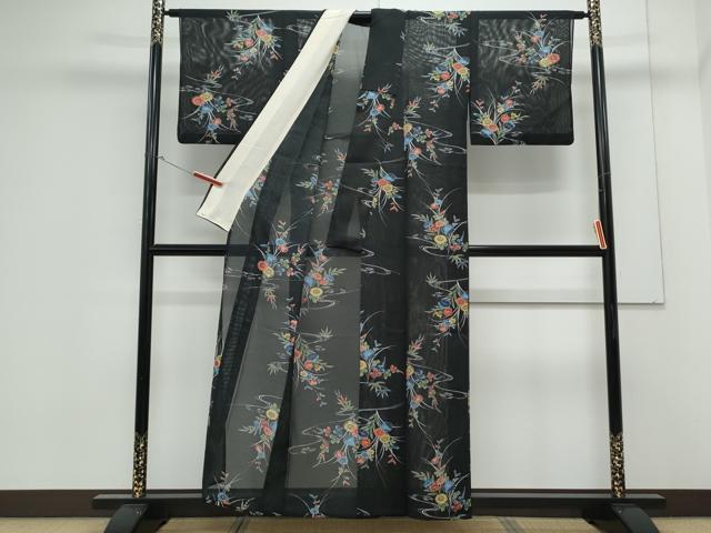 平和屋着物＊夏物　小紋　絽　草花文　黒地　洗える着物　CABK0706th