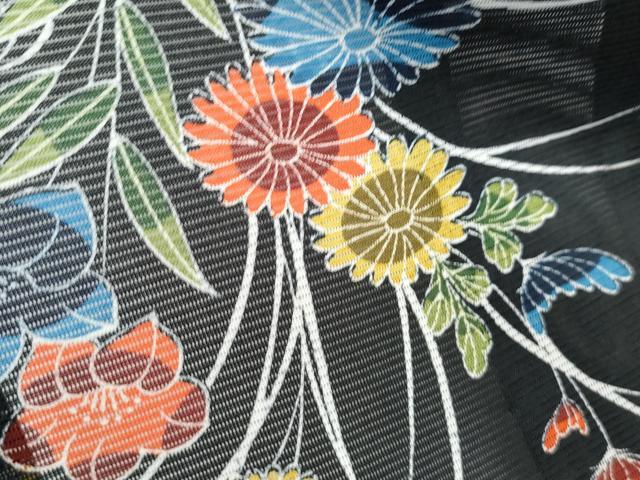 平和屋着物＊夏物　小紋　絽　草花文　黒地　洗える着物　CABK0706th