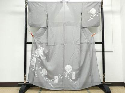 平和屋着物＊夏物　小紋　絽　手描き　雪輪花文　正絹　逸品　CABK0713th