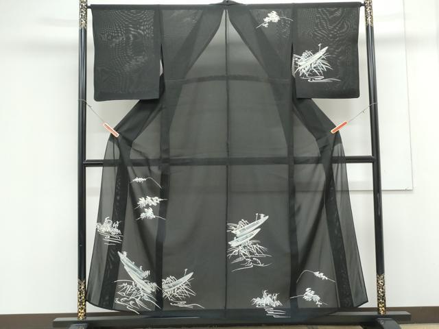 平和屋着物＊夏物　訪問着　絽　舟　黒地　正絹　逸品　CABK0715th