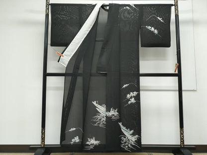 平和屋着物＊夏物　訪問着　絽　舟　黒地　正絹　逸品　CABK0715th