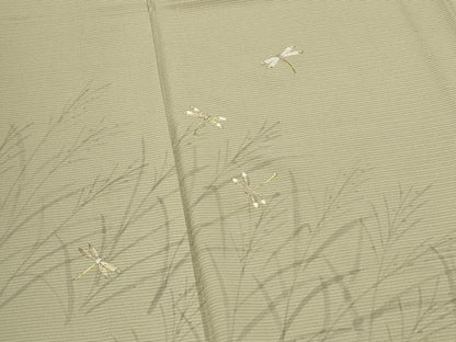 平和屋着物＊夏物　訪問着　絽　手書き　刺繍　とんぼ　草葉文　金彩　正絹　逸品　CABK0718th