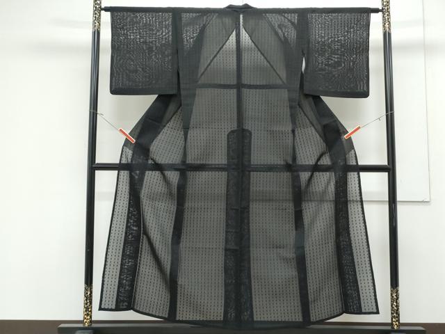 平和屋着物＊夏物　小紋　紗　格子文　黒地　正絹　逸品　CABK0720th
