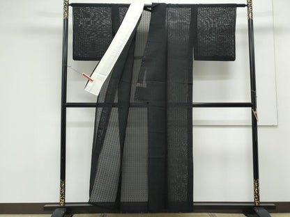 平和屋着物＊夏物　小紋　紗　格子文　黒地　正絹　逸品　CABK0720th