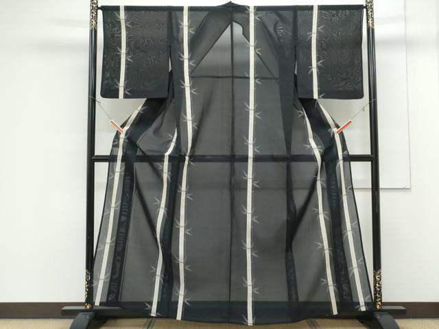平和屋着物＊夏物　紗紬　笹竹間道　黒地　正絹　逸品　CABK0722th
