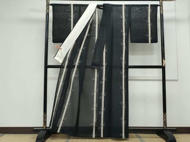 平和屋着物＊夏物　紗紬　笹竹間道　黒地　正絹　逸品　CABK0722th