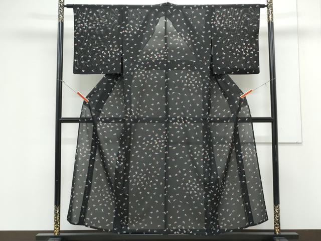 平和屋着物＊夏物　小紋　絽　海老　黒地　正絹　逸品　CABK0724th