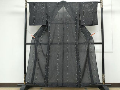 平和屋着物＊夏物　小紋　絽　草花間道　黒地　正絹　逸品　CABK0737th