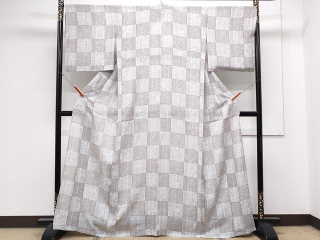 平和屋着物＊夏物　小紋　絽　京友禅　市松草葉文　反端付き　正絹　逸品　CABK0744th